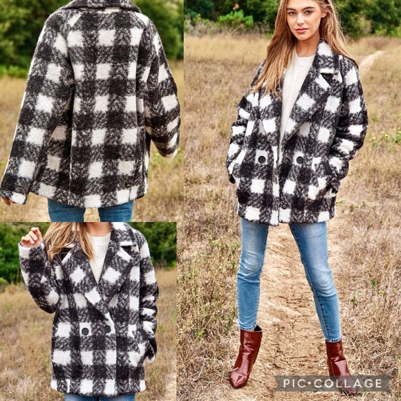 Davi & Dani Boucle Black White Plaid Coat Longline Chic Blazer Jacket Size M - Picture 1 of 15